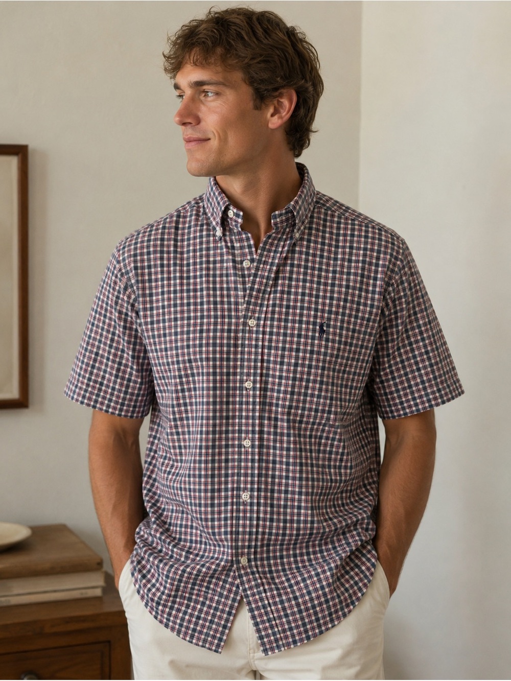 Ralph Lauren Short-Sleeve Plaid Button-Down Shirt in Navy, Red, White and tan